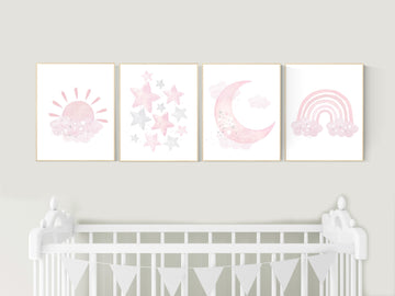 Nursery prints girl, pink grey, rainbow, moon and star, cloud, sun, baby room decor, girl nursery wall art, pink gray, nursery wall decor