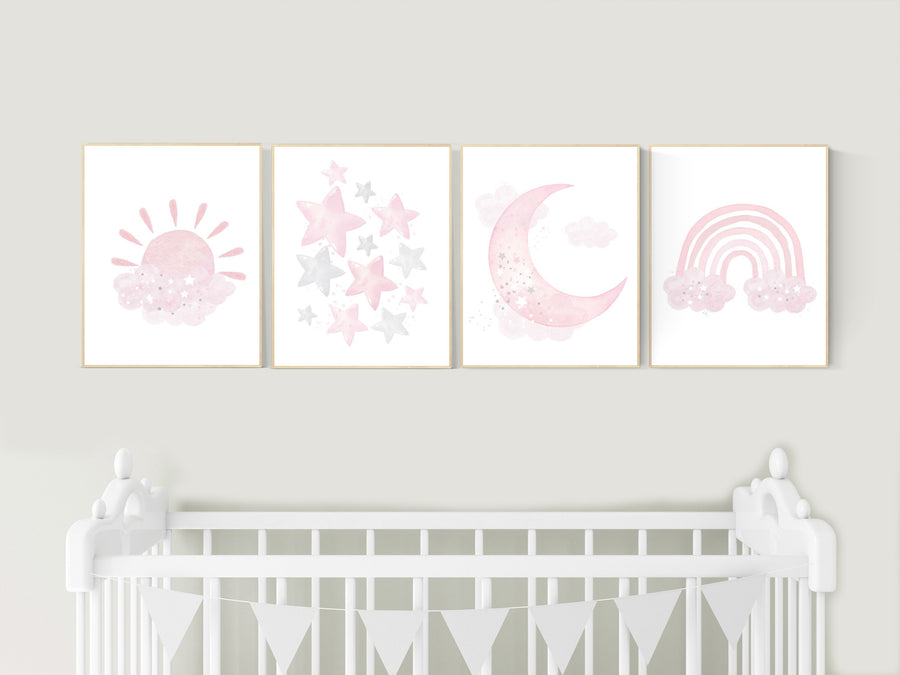 Nursery prints girl, pink grey, rainbow, moon and star, cloud, sun, baby room decor, girl nursery wall art, pink gray, nursery wall decor