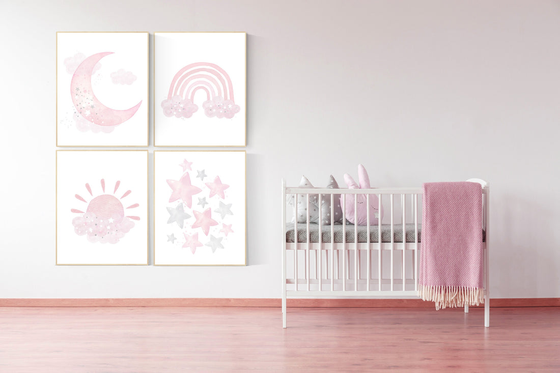Nursery prints girl, pink grey, rainbow, moon and star, cloud, sun, baby room decor, girl nursery wall art, pink gray, nursery wall decor