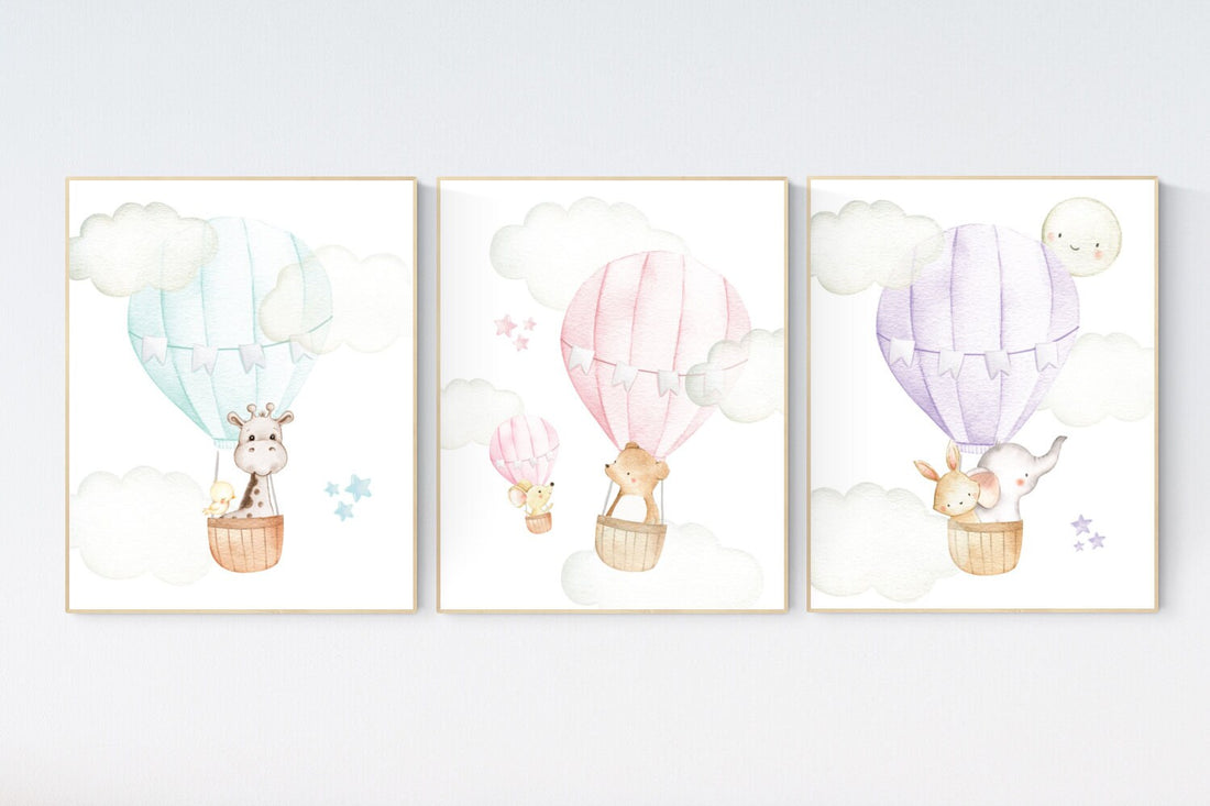 Nursery decor gender neutral, hot air balloon, animal prints, mint, pink, purple, neutral, twins, animal nursery, neutral, elephant, bear