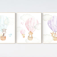 Nursery decor gender neutral, hot air balloon, animal prints, mint, pink, purple, neutral, twins, animal nursery, neutral, elephant, bear
