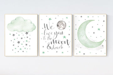 Green nursery decor, gender neutral nursery, we love you to the moon and back, sage green, moon and stars, twin nursery wall decor, green