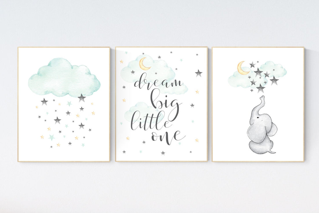 Mint and orange nursery, nursery decor elephant, cloud and star, dream big, mint orange, nursery decor boy teal, gender neutral nursery