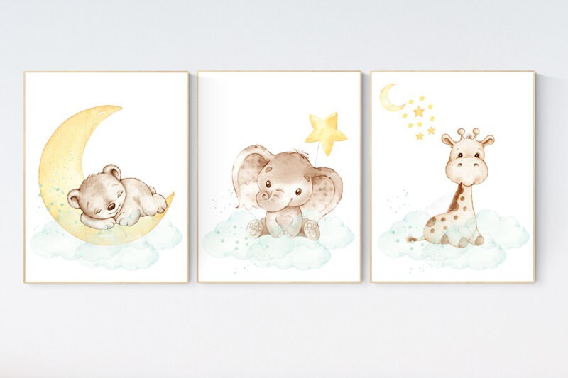 Mint and yellow nursery, nursery wall art neutral, moon and stars nursery, baby room decor, elephant, giraffe, bear, gender neutral prints