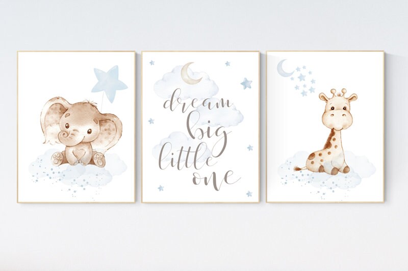 Nursery wall art animals, baby room decor blue gray, baby room decor, elephant, giraffe, animal nursery decor, nursery prints