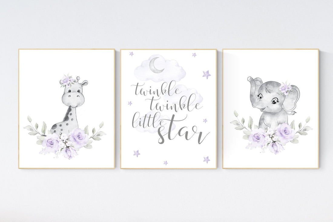 Nursery decor girl boho, Purple nursery, giraffe, elephant, Floral jungle animals, lavender, flower nursery prints, lilac, animal prints