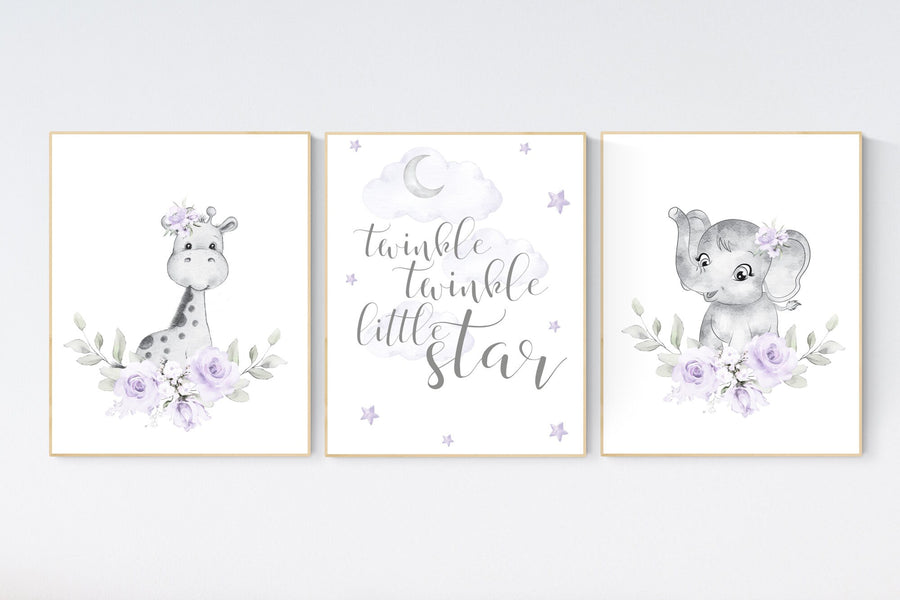 Nursery decor girl boho, Purple nursery, giraffe, elephant, Floral jungle animals, lavender, flower nursery prints, lilac, animal prints