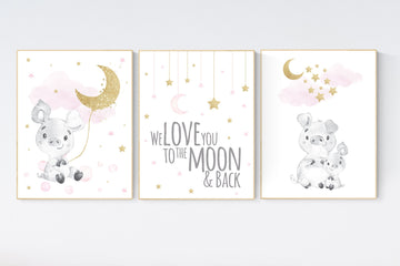 Nursery decor girl pink and gold, pig nursery, baby room decor girl gold and pink, girl nursery decor, cloud and stars, piglet nursery art