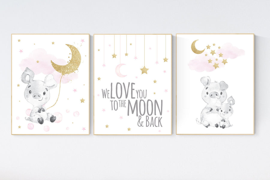 Nursery decor girl pink and gold, pig nursery, baby room decor girl gold and pink, girl nursery decor, cloud and stars, piglet nursery art