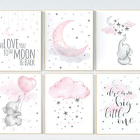 Girl nursery decor, pink gray, nursery decor girl elephant, Nursery decor elephant, girl room wall art, baby nursery wall art, moon, stars