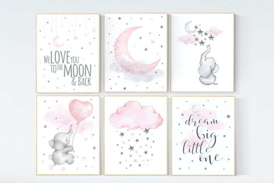 Girl nursery decor, pink gray, nursery decor girl elephant, Nursery decor elephant, girl room wall art, baby nursery wall art, moon, stars