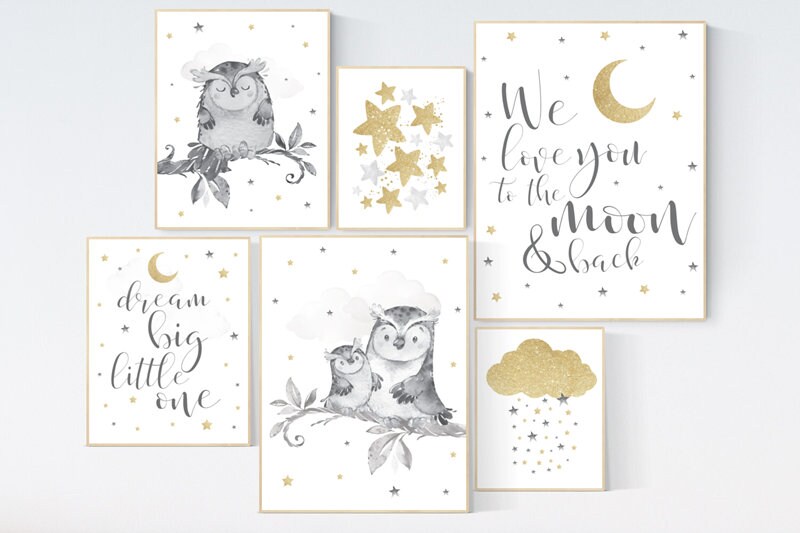 Owl nursery print set, gender neutral, gold, gray nursery, grey nursery, we love you to the moon and back, gold nursery, neutral, owls print