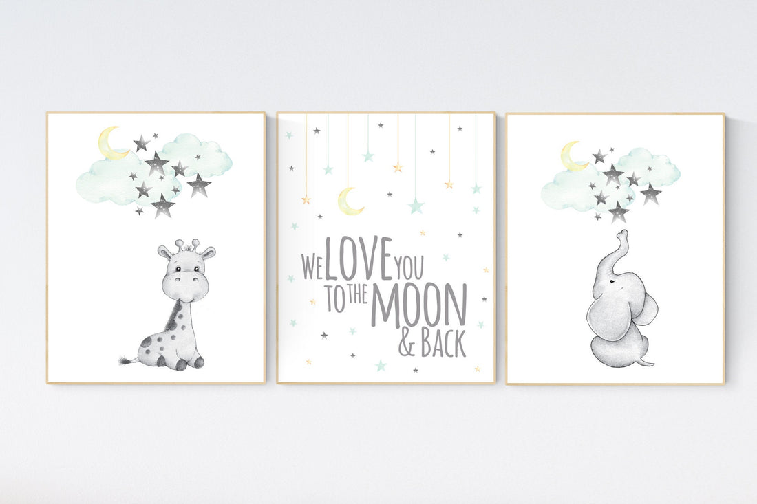 Gender neutral nursery, Mint and yellow nursery, nursery decor giraffe and elephant, cloud and star, mint green and yellow, stars, moon