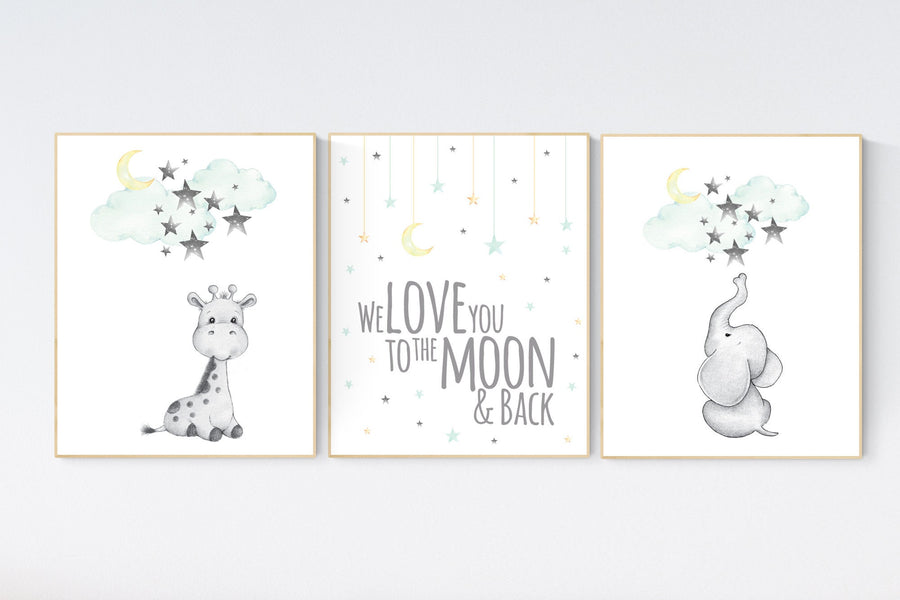 Gender neutral nursery, Mint and yellow nursery, nursery decor giraffe and elephant, cloud and star, mint green and yellow, stars, moon
