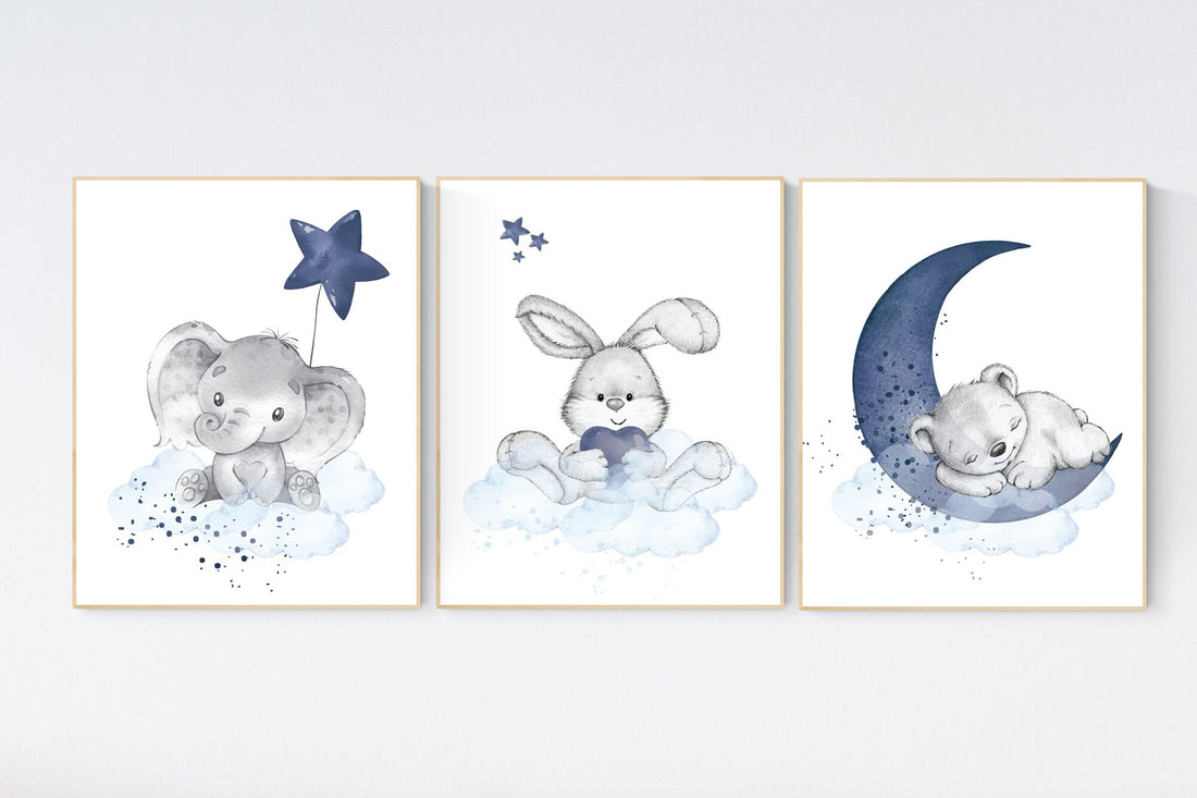 Nursery decor animals, elephant, bunny, bear, animal nursery prints, navy blue nursery, baby room wall decor, woodland animal wall art