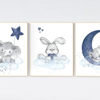 Nursery decor animals, elephant, bunny, bear, animal nursery prints, navy blue nursery, baby room wall decor, woodland animal wall art