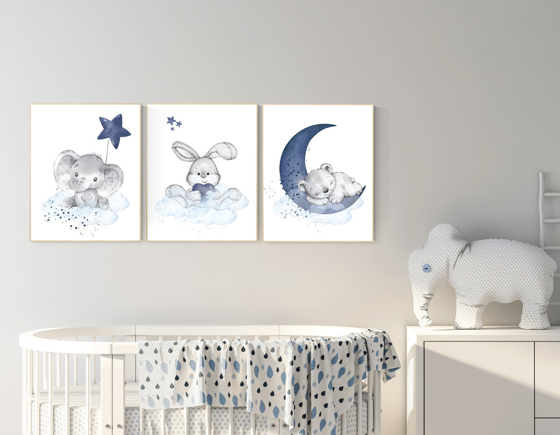 Nursery decor animals, elephant, bunny, bear, animal nursery prints, navy blue nursery, baby room wall decor, woodland animal wall art