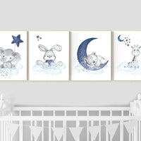 Nursery decor animals, giraffe, elephant, bunny, bear, animal nursery prints, navy blue nursery, baby room wall decor, woodland animal