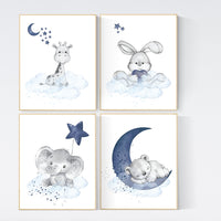 Nursery decor animals, giraffe, elephant, bunny, bear, animal nursery prints, navy blue nursery, baby room wall decor, woodland animal