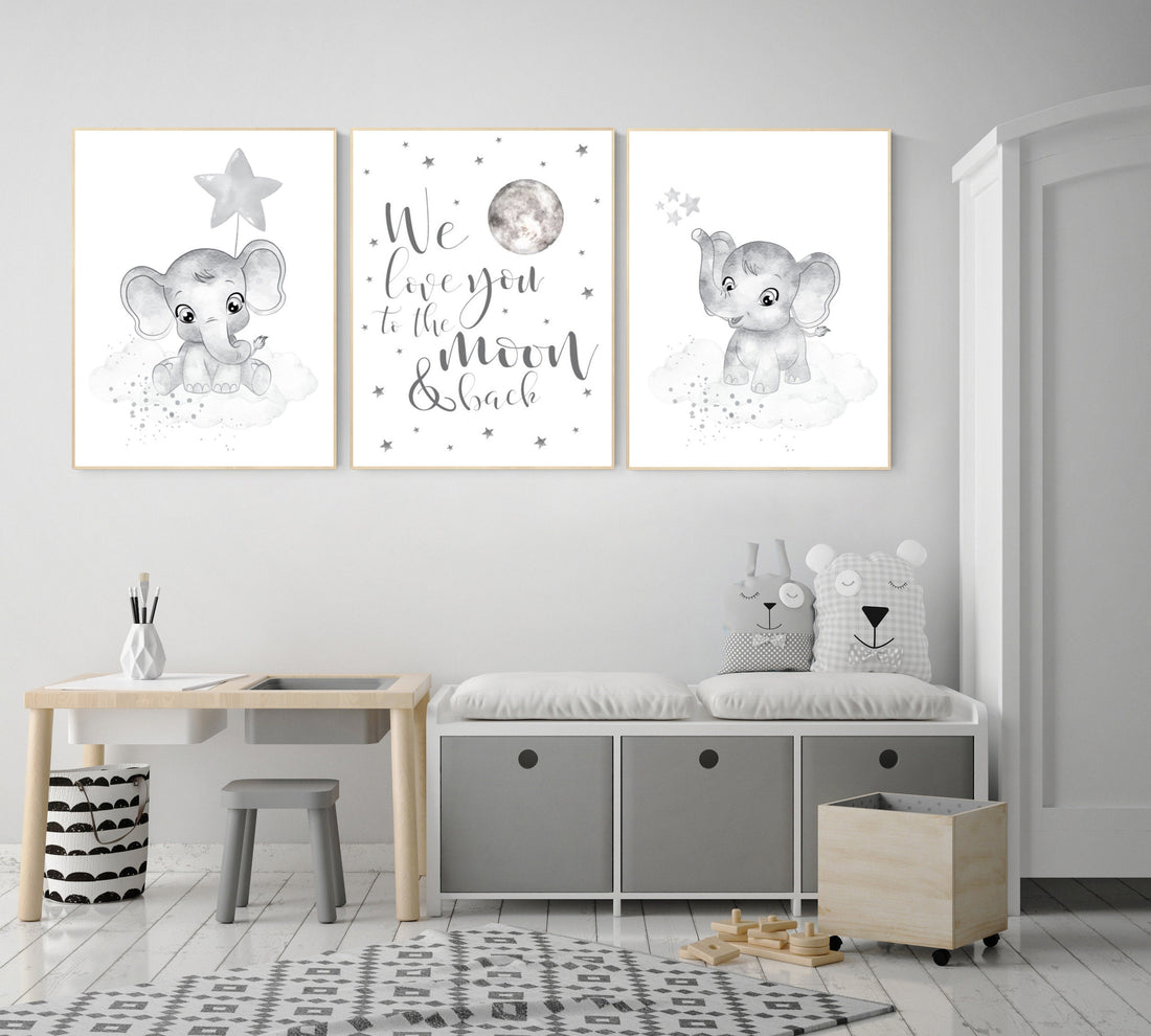 Grey nursery wall art, elephant nursery wall art, moon and stars, gender neutral, gray nursery art, baby room decor, neutral, twin nursery