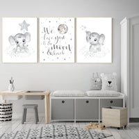 Grey nursery wall art, elephant nursery wall art, moon and stars, gender neutral, gray nursery art, baby room decor, neutral, twin nursery