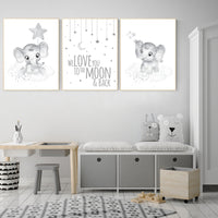 Gender neutral nursery prints, Gray nursery wall art, grey nursery, elephant nursery wall art, moon and stars, twin nursery wall decor