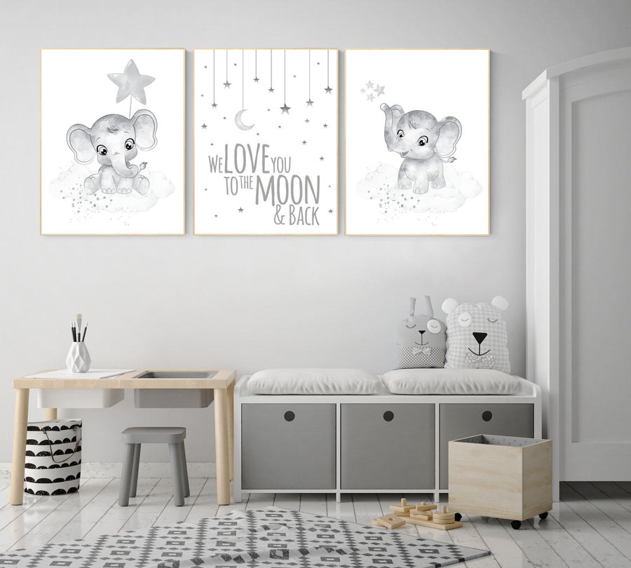 Gender neutral nursery prints, Gray nursery wall art, grey nursery, elephant nursery wall art, moon and stars, twin nursery wall decor