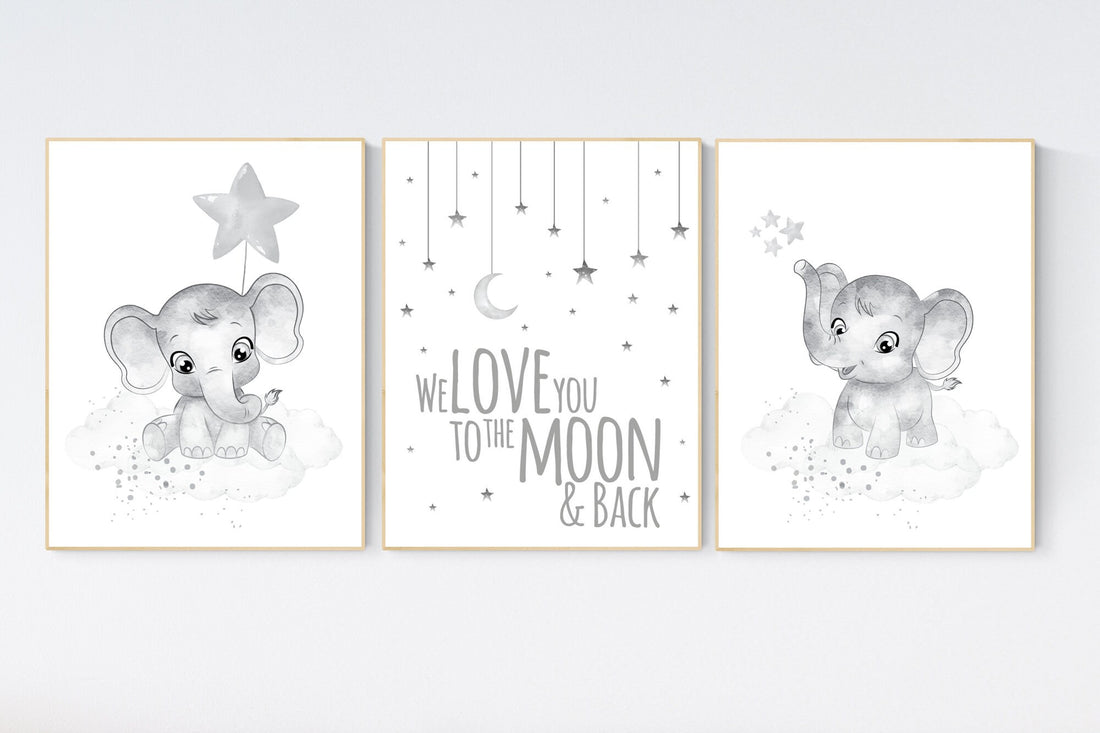 Gender neutral nursery prints, Gray nursery wall art, grey nursery, elephant nursery wall art, moon and stars, twin nursery wall decor