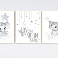 Gender neutral nursery prints, Gray nursery wall art, grey nursery, elephant nursery wall art, moon and stars, twin nursery wall decor