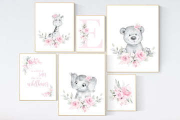 Nursery decor boho, nursery decor girl floral, elephant, giraffe, bear, pink nursery, girl nursery decor name, flower nursery set