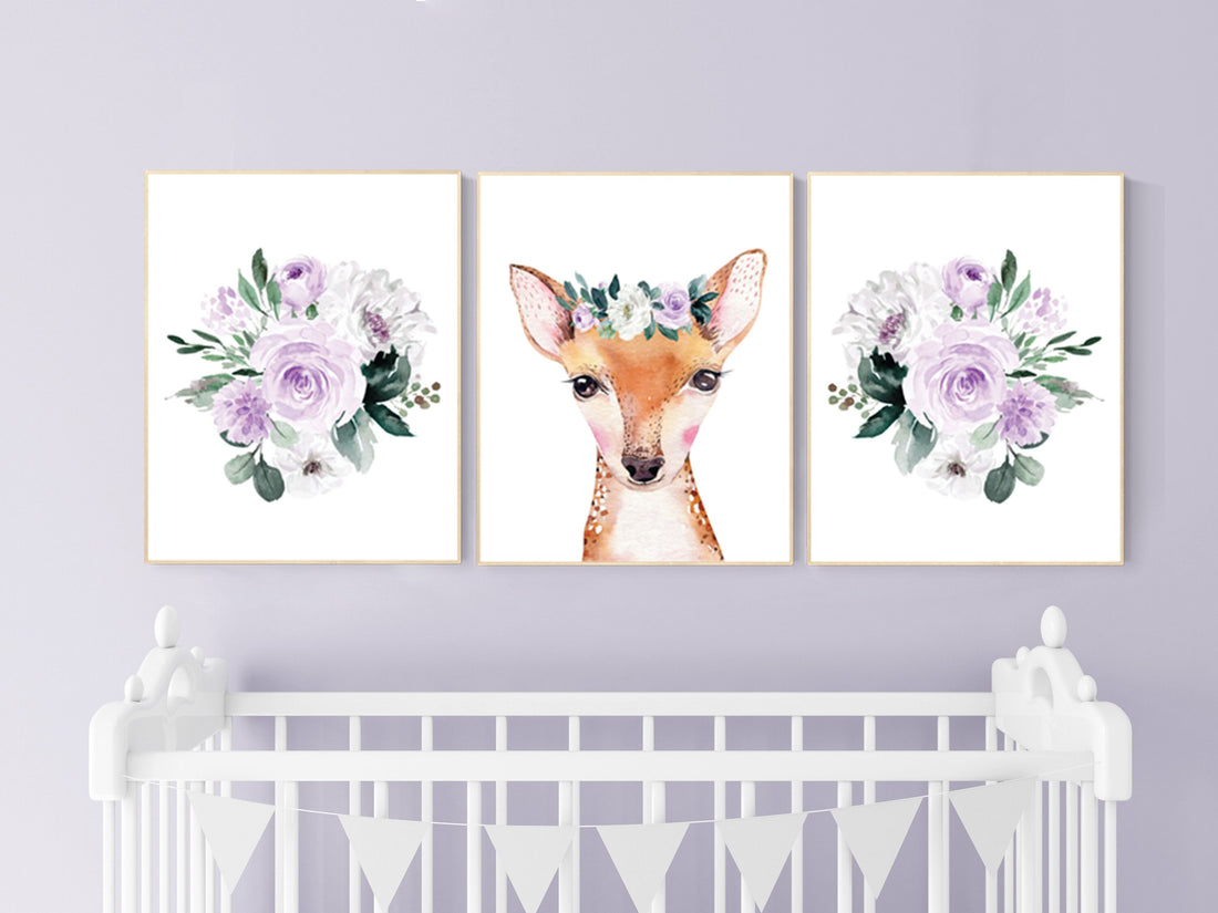 Nursery decor girl flower, purple, woodland animals, boho, nursery decor girl floral, purple nursery decor, floral nursery, deer, animals