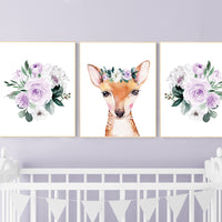 Nursery decor girl flower, purple, woodland animals, boho, nursery decor girl floral, purple nursery decor, floral nursery, deer, animals