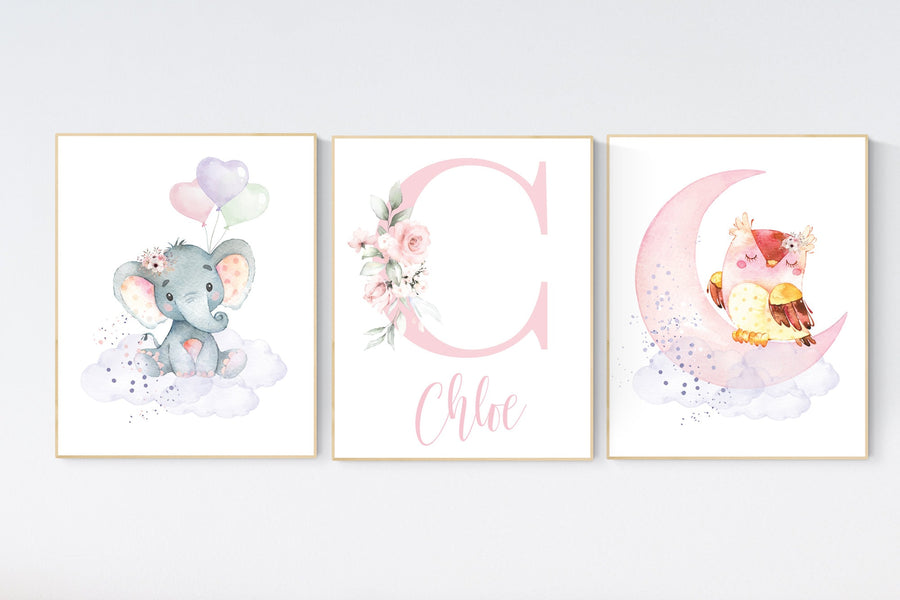 Nursery decor girl animals, nursery decor animals, Nursery wall art girl elephant, owl, pink, purple, girl nursery wall decor, girl name