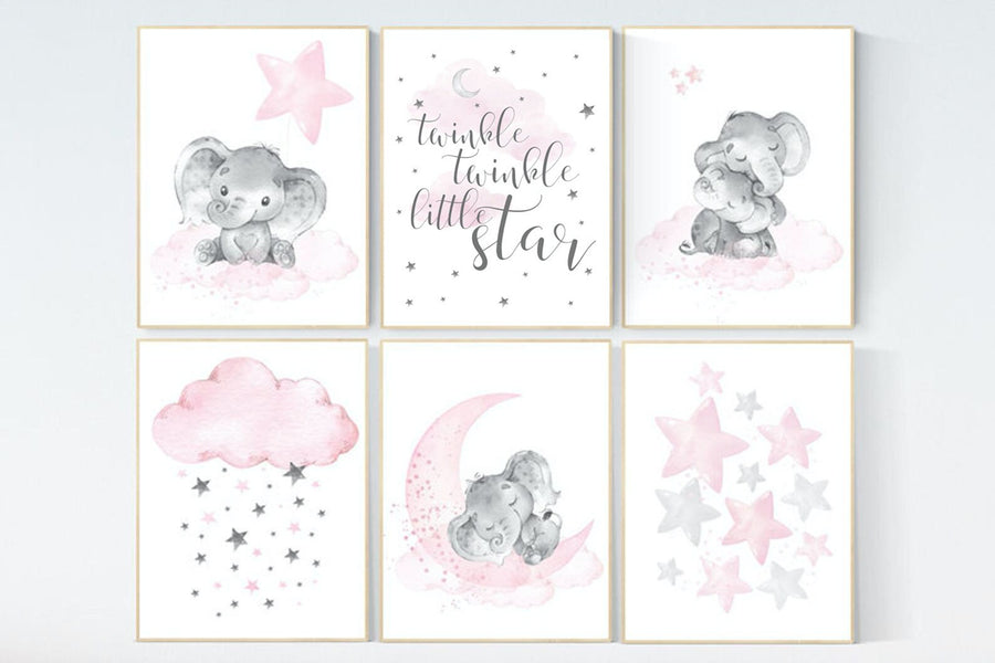 Nursery decor girl, nursery decor elephant, girl room wall art, baby nursery wall art, moon and stars nursery, nursery decor clouds stars