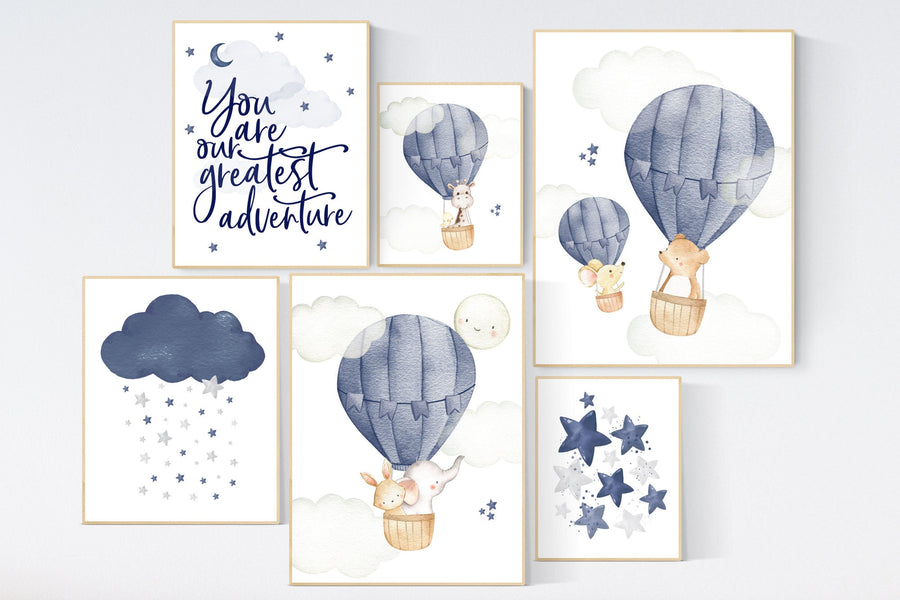 Nursery decor boy neutral, nursery decor boy travel, you are our greatest adventure hot air balloon, nursery wall art animals, moon and star