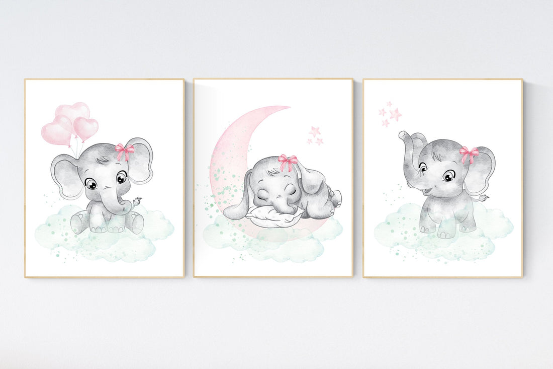 Nursery decor girl pink mint, elephant nursery wall art, pink and mint, moon, stars, nursery prints, baby room decor, girl nursery wall art