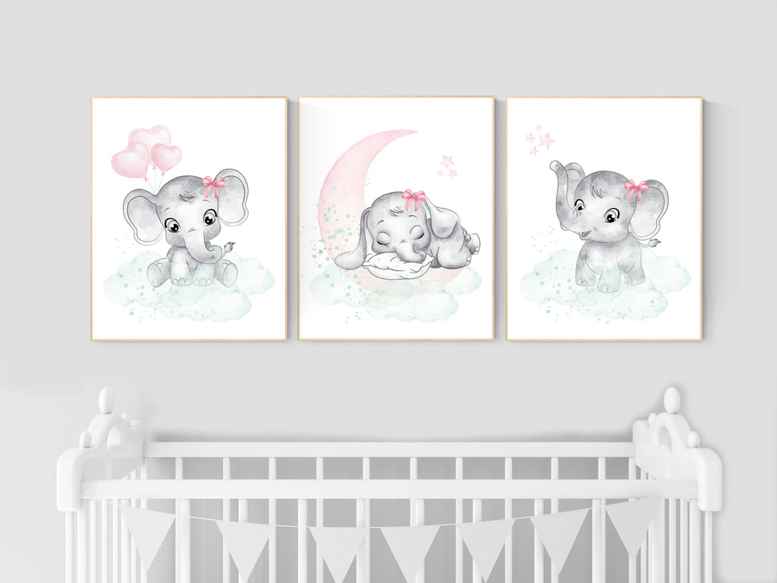 Nursery decor girl pink mint, elephant nursery wall art, pink and mint, moon, stars, nursery prints, baby room decor, girl nursery wall art