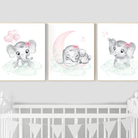 Nursery decor girl pink mint, elephant nursery wall art, pink and mint, moon, stars, nursery prints, baby room decor, girl nursery wall art