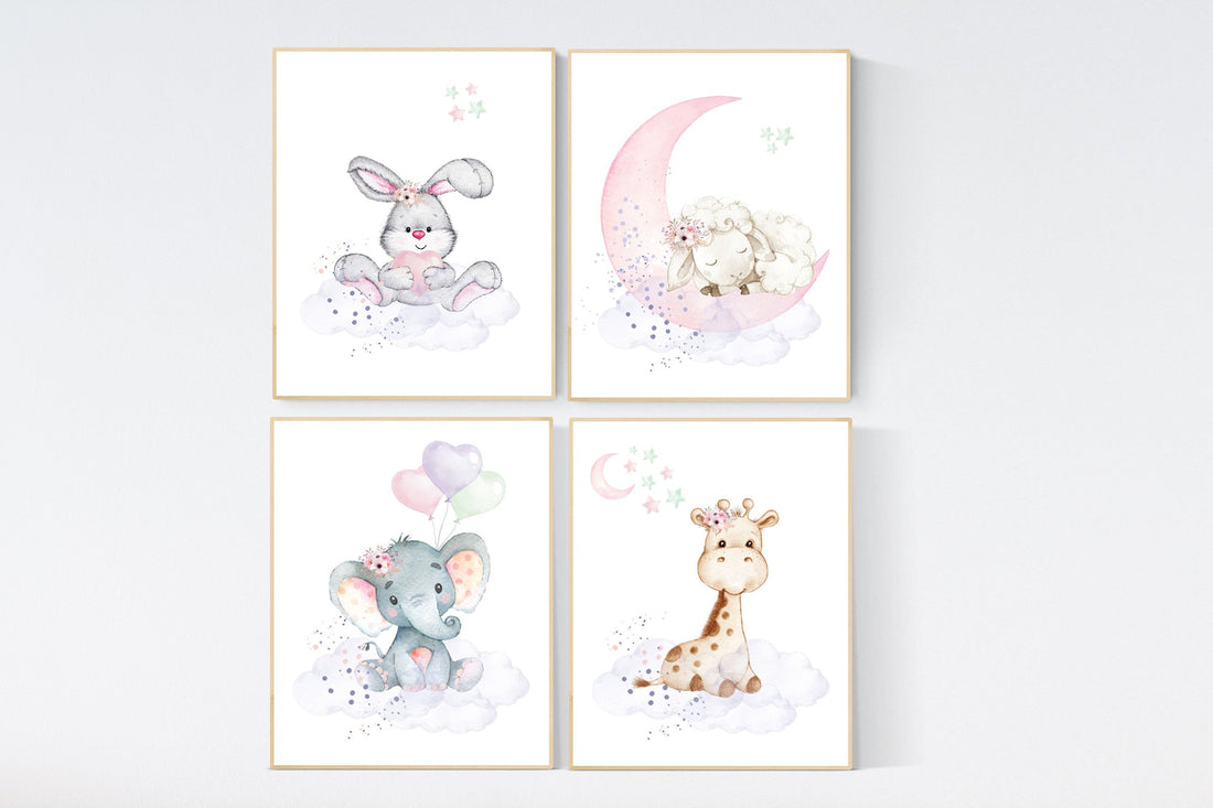 Nursery wall art girl elephant, giraffe, sheep, bunny, pink, mint, purple, cloud and stars, baby room art, girl nursery prints