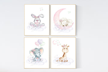 Nursery wall art girl elephant, giraffe, sheep, bunny, pink, mint, purple, cloud and stars, baby room art, girl nursery prints