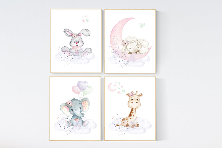 Nursery wall art girl elephant, giraffe, sheep, bunny, pink, mint, purple, cloud and stars, baby room art, girl nursery prints