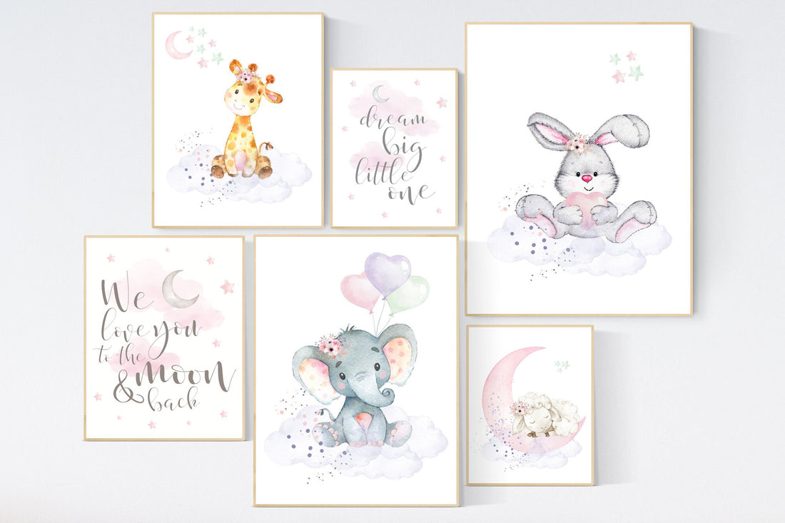 Nursery decor girl woodland, nursery prints set, Nursery decor jungle, nursery prints animal, pink nursery art, elephant giraffe sheep bunny