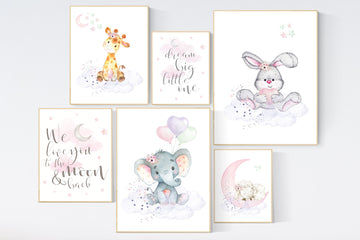 Nursery decor girl woodland, nursery prints set, Nursery decor jungle, nursery prints animal, pink nursery art, elephant giraffe sheep bunny