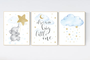 Nursery decor boy elephant, blue and gold nursery, dream big little one, blue nursery wall art, cloud and stars, baby room decor
