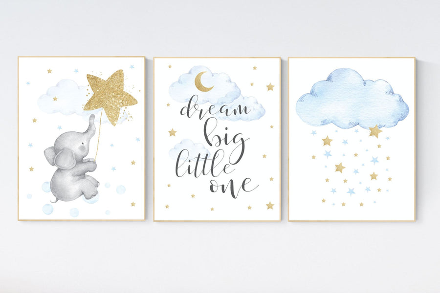 Nursery decor boy elephant, blue and gold nursery, dream big little one, blue nursery wall art, cloud and stars, baby room decor