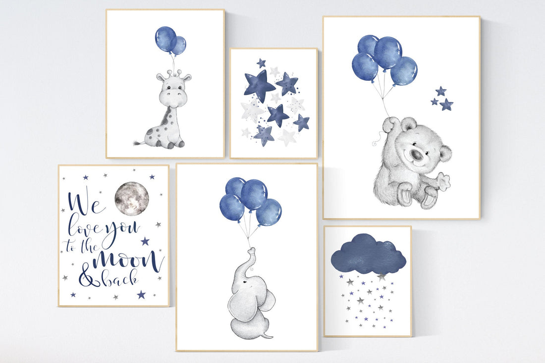 Nursery decor boy animals, navy nursery, elephant, bear, giraffe, nursery wall art boy, navy blue, moon, cloud and stars, balloon, animals