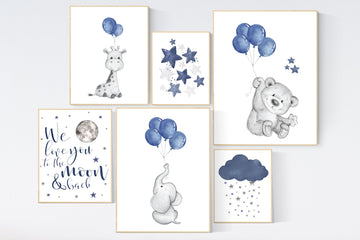 Nursery decor boy animals, navy nursery, elephant, bear, giraffe, nursery wall art boy, navy blue, moon, cloud and stars, balloon, animals