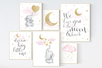 Nursery wall art girl, giraffe nursery, baby room decor girl gold and pink, we love you to the moon and back, moon and stars, elephant
