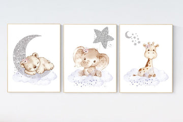 Animal nursery, nursery decor girl purple silver, nursery decor girl woodland animals, teddy bear, elephant, giraffe, nursery prints girl
