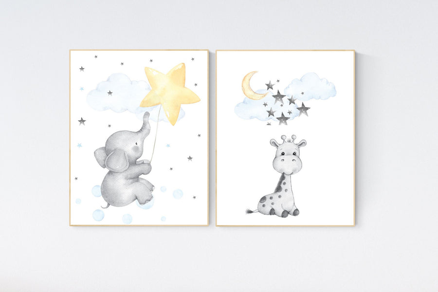 Elephant nursery art, giraffe nursery, blue yellow nursery, neutral nursery prints, cloud nursery, star nursery decor, gender neutral